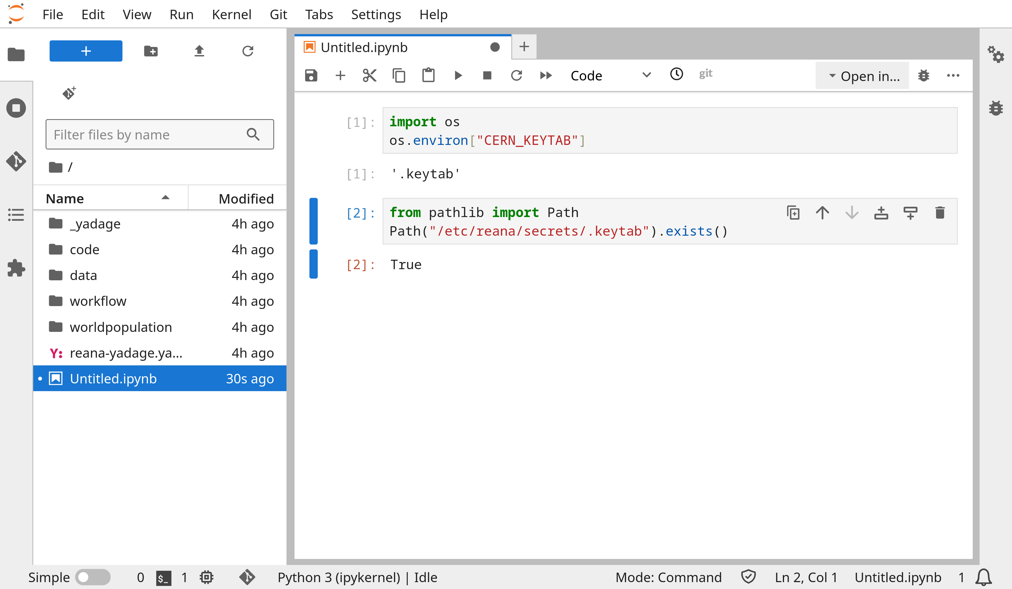 Jupyter notebook showing access to secrets